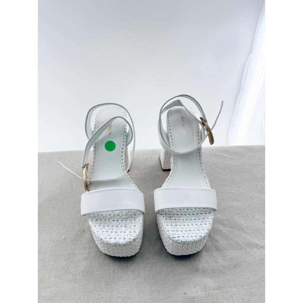 Larroude Raffia Leather Ankle Strap Block Heel Platform Sandals White US 9.5